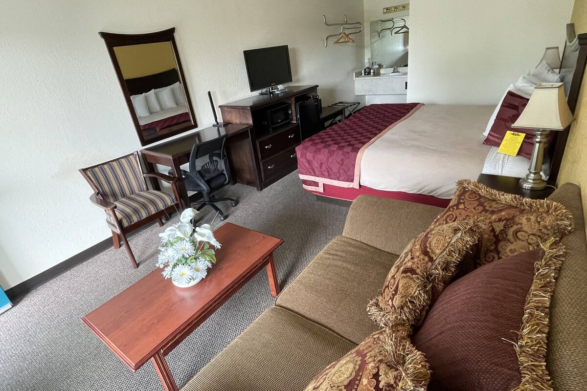 Habitación de hotel con cama, escritorio, silla, televisión, espejo y una pequeña mesa con un florero.