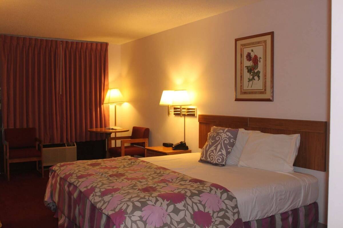 Habitación de hotel con cama, dos lámparas de noche, una silla, un escritorio y un cuadro en la pared.