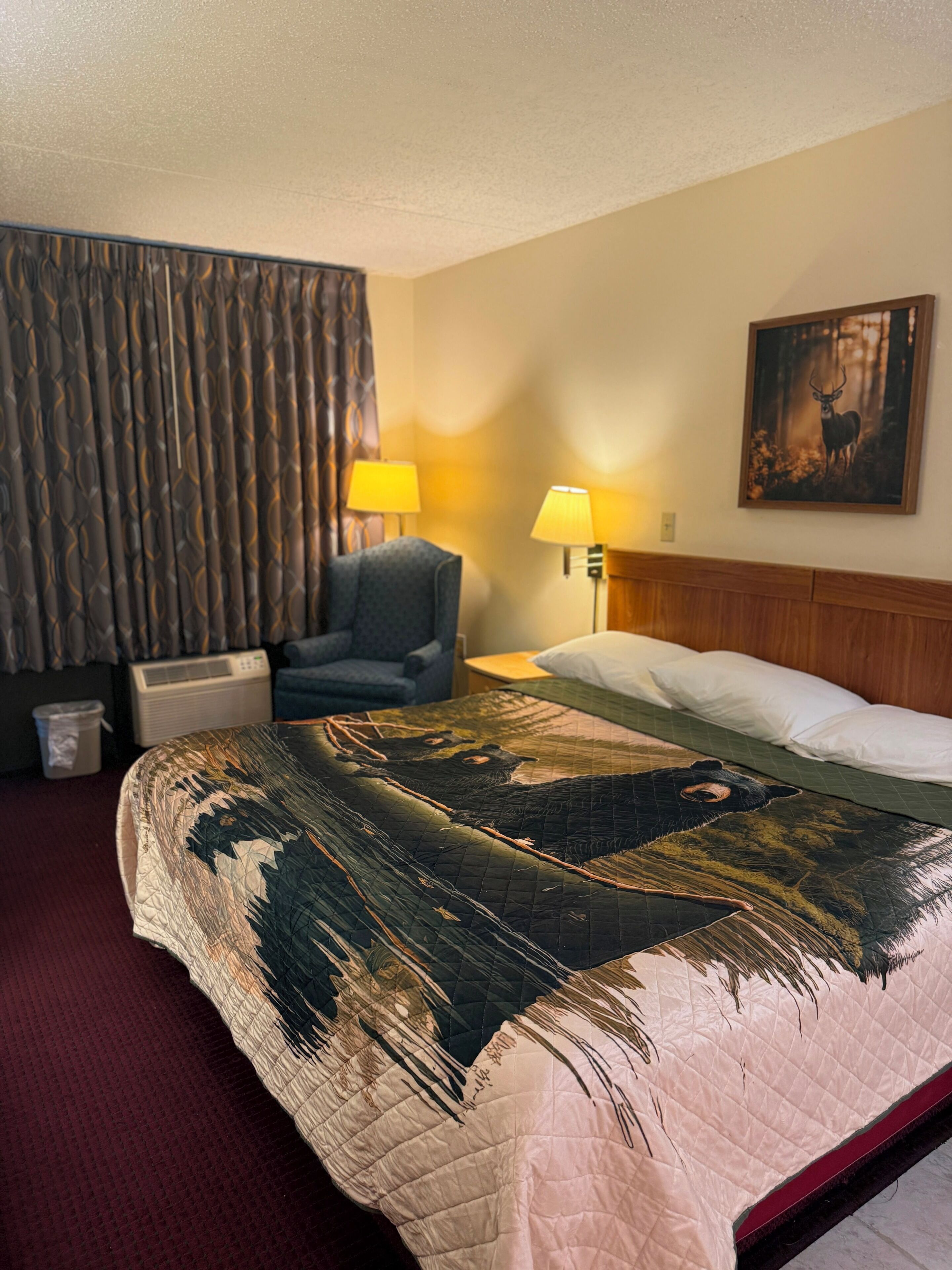 Een hotelkamer met een groot bed, twee bedlampen, een stoel, een schilderij aan de muur en een gordijn.