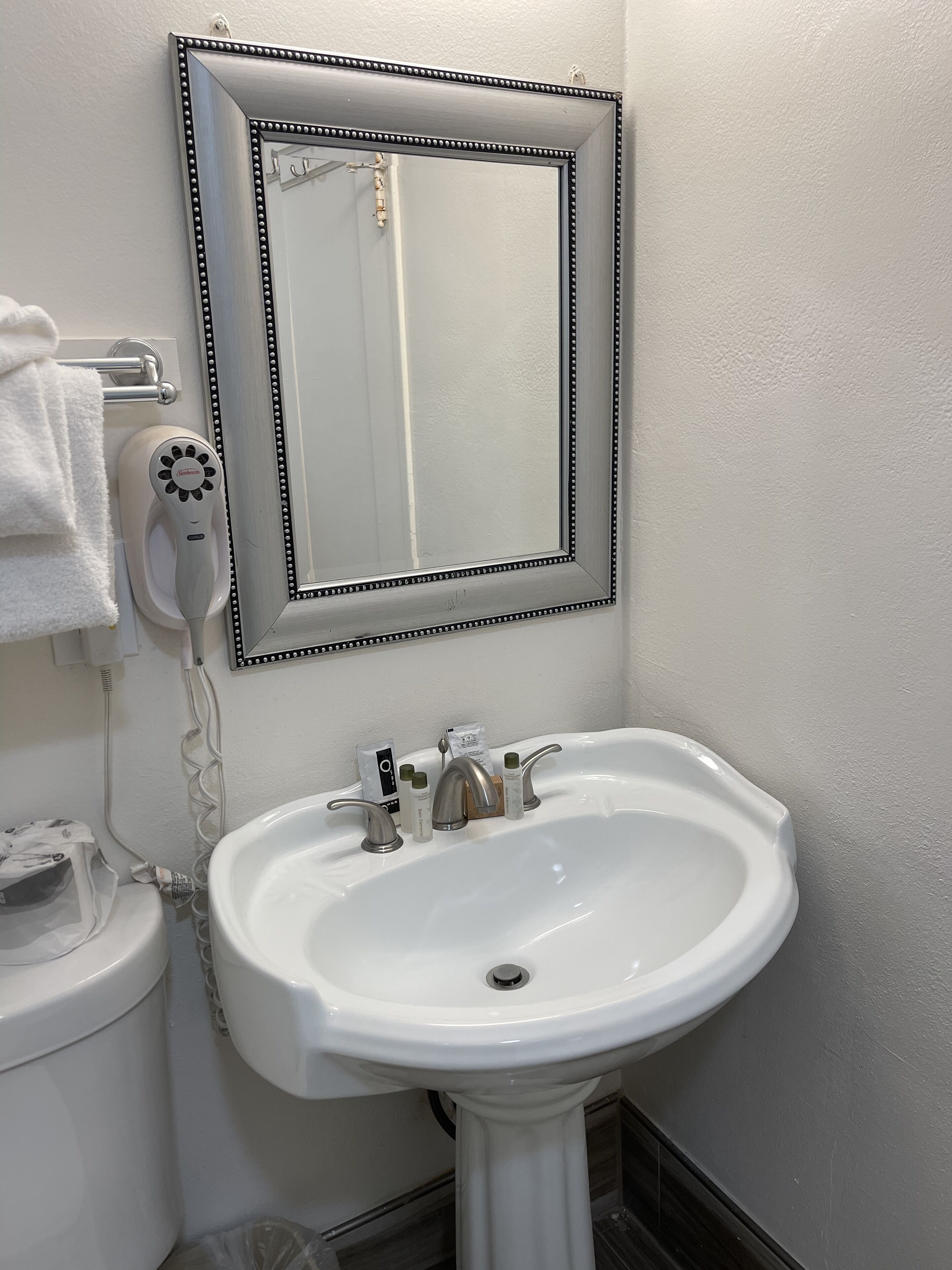 Une salle de bain avec un lavabo blanc, un miroir avec un cadre décoratif, un sèche-cheveux et des articles de toilette.