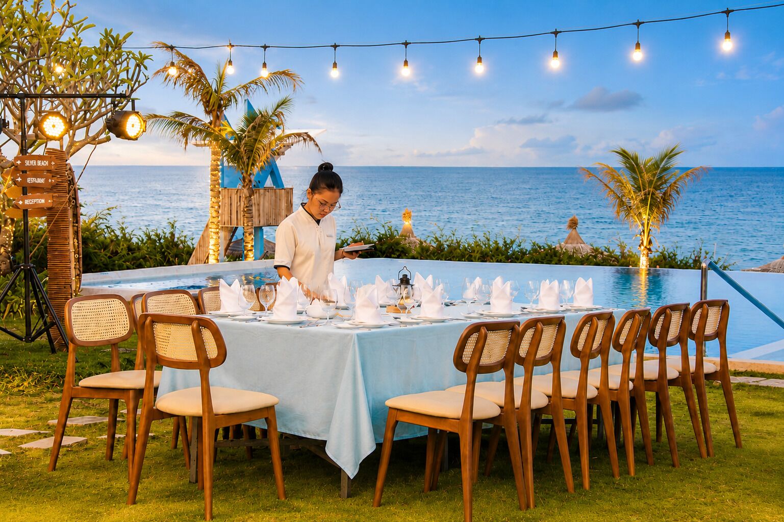 An outdoor dining area with a table set for six, overlooking a body of water.