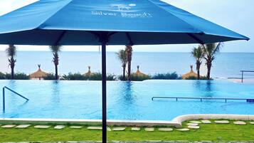 Outdoor pool, pool umbrellas, sun loungers