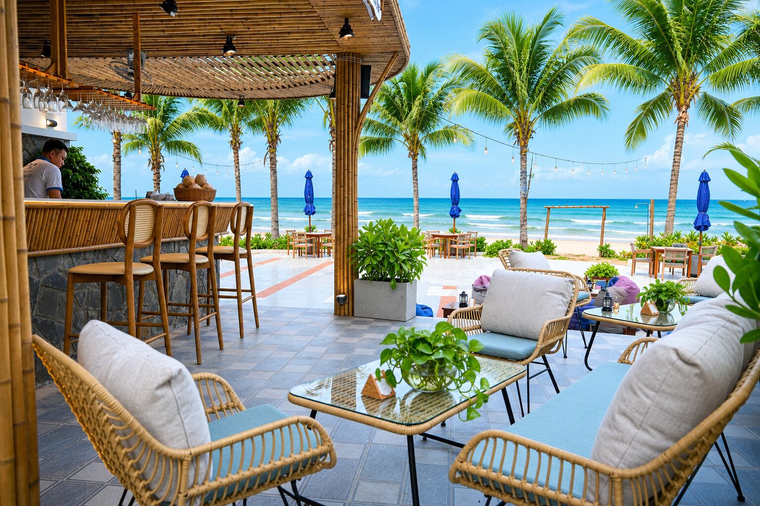 Un área de estar al aire libre frente a la playa, con mobiliario de mimbre, un bar y palmeras.
