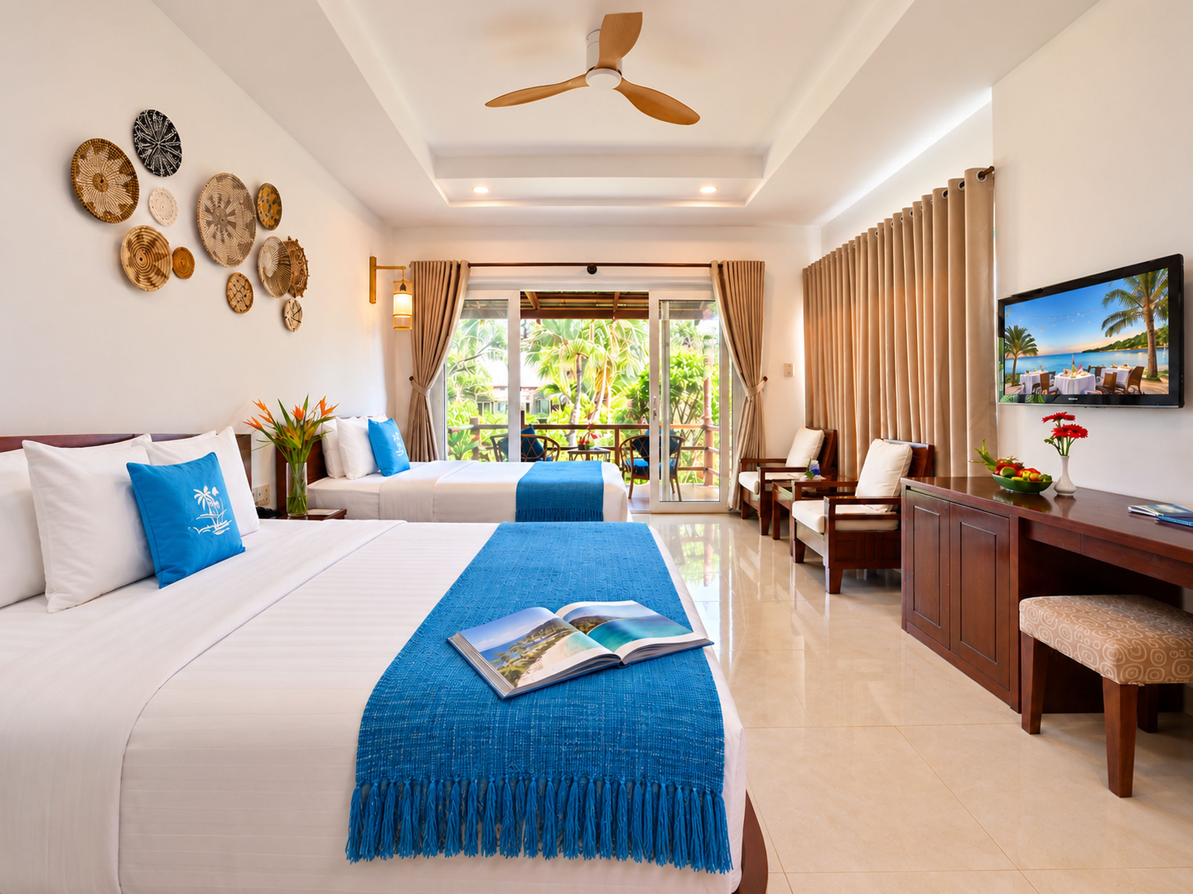 A hotel room with two beds, a dining area, a TV, and a balcony with a view of palm trees.