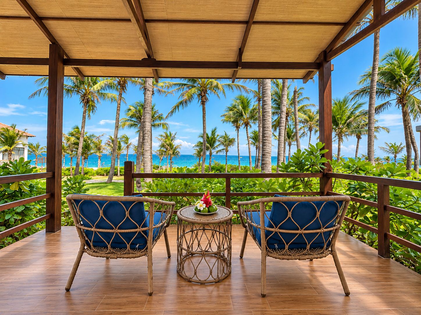 Un espacio de estar al aire libre cubierto con sillas de mimbre y una pequeña mesa, con vista a un paisaje tropical con palmeras y vistas al océano.