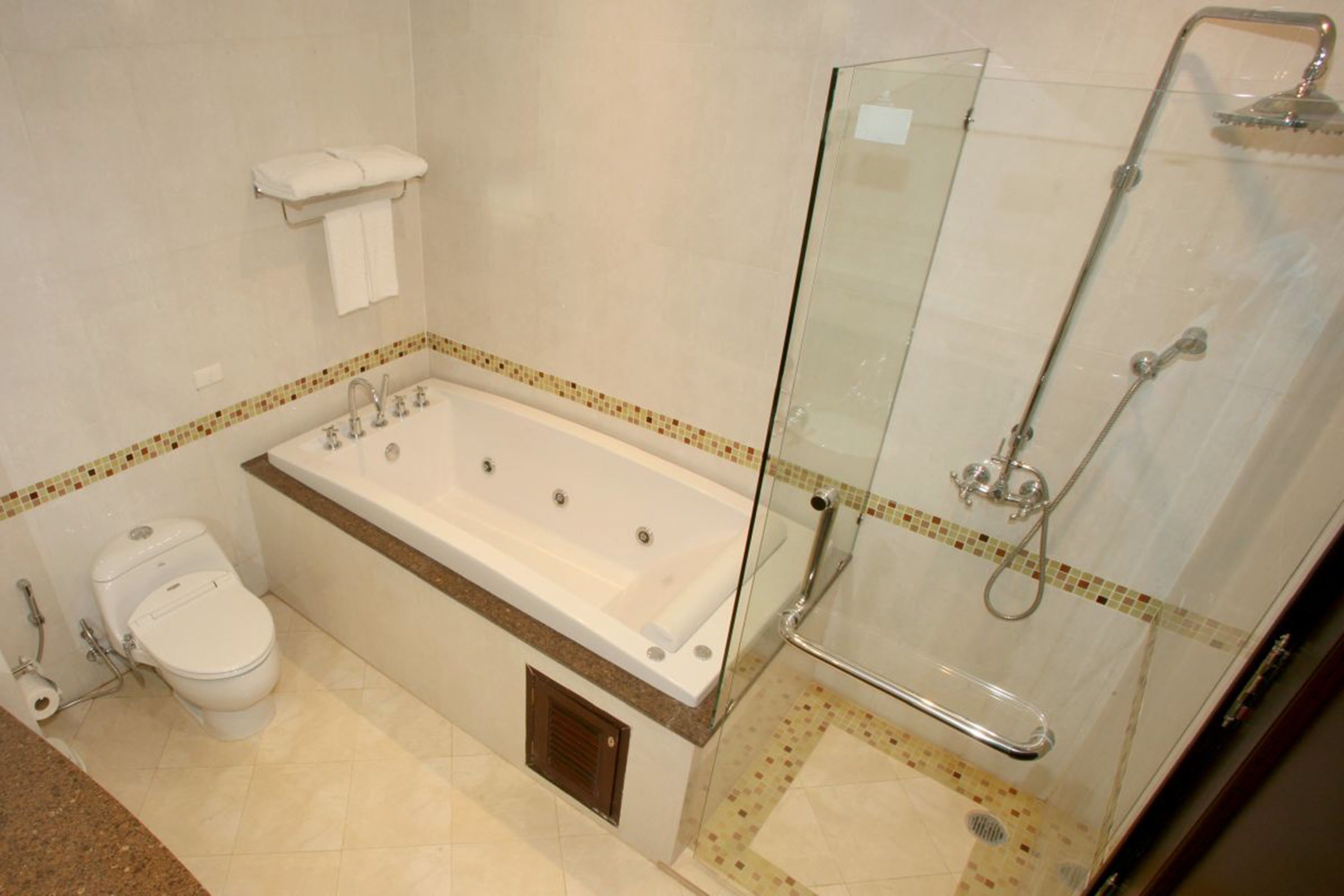 A bathroom with a bathtub, toilet, and glass-enclosed shower area.