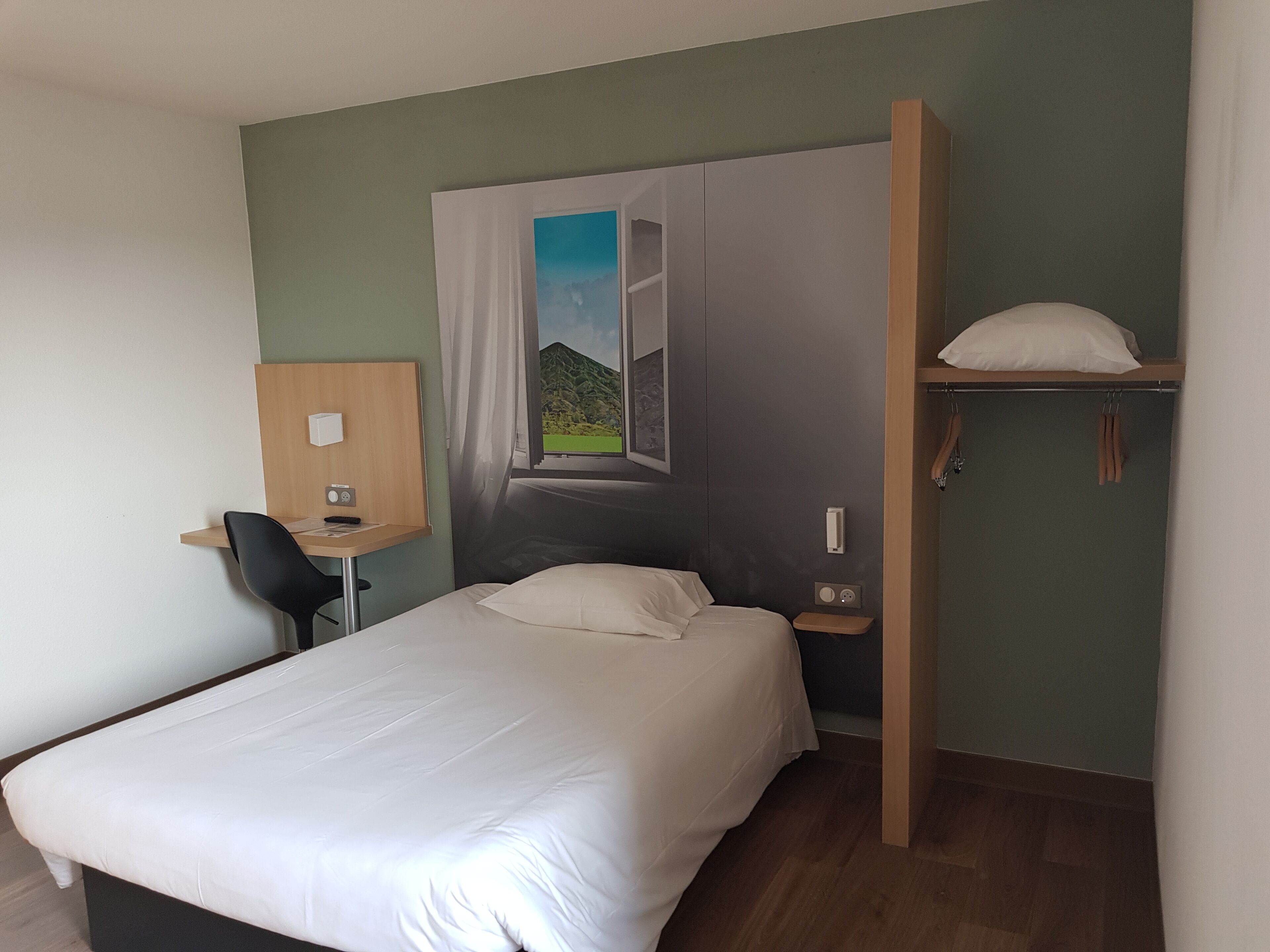 A hotel room with a bed, a desk, a chair, a wardrobe, and a window with a view of greenery.