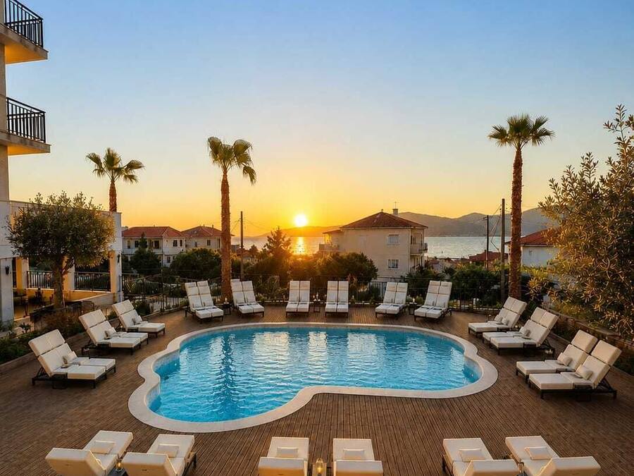 Seasonal outdoor pool, open 10:00 AM to 7:30 PM, pool umbrellas