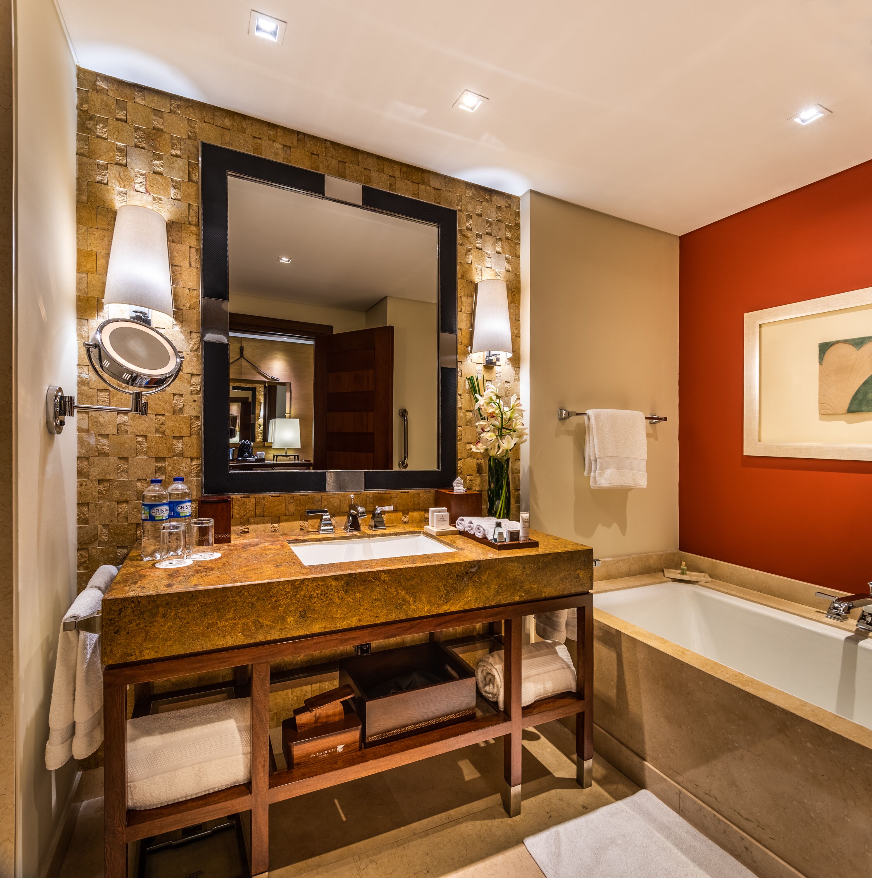 separate bathtub and shower, deep-soaking bathtub, rainfall showerhead