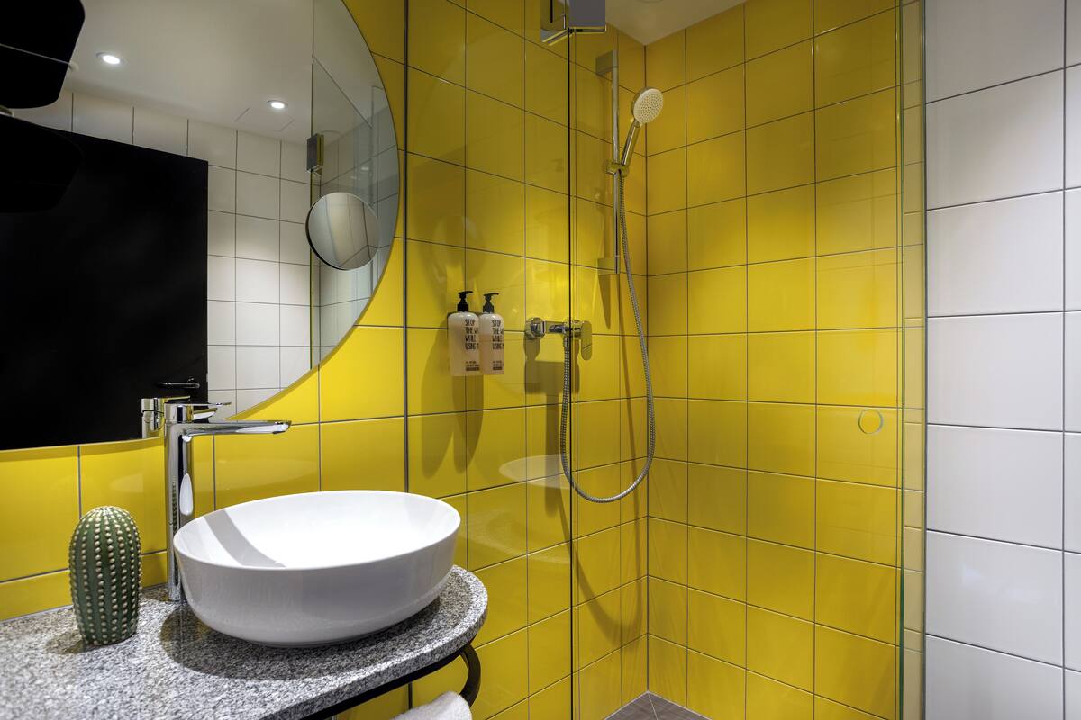 shower, eco-friendly toiletries, hair dryer, towels