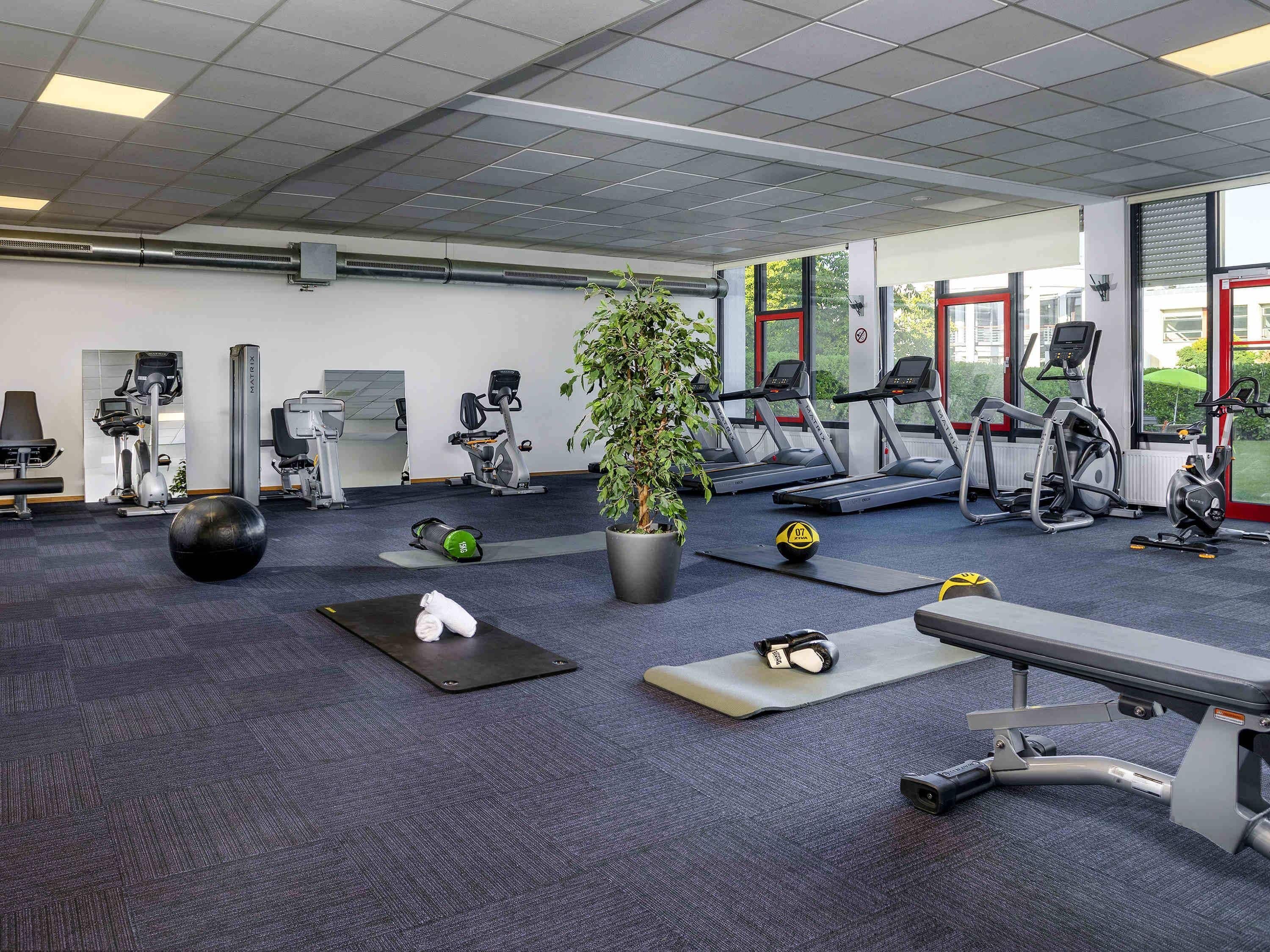 Ein Fitnessraum mit Trainingsgeräten, einem großen Gymnastikball, einem Blumentopf und Blick ins Freie durch große Fenster.