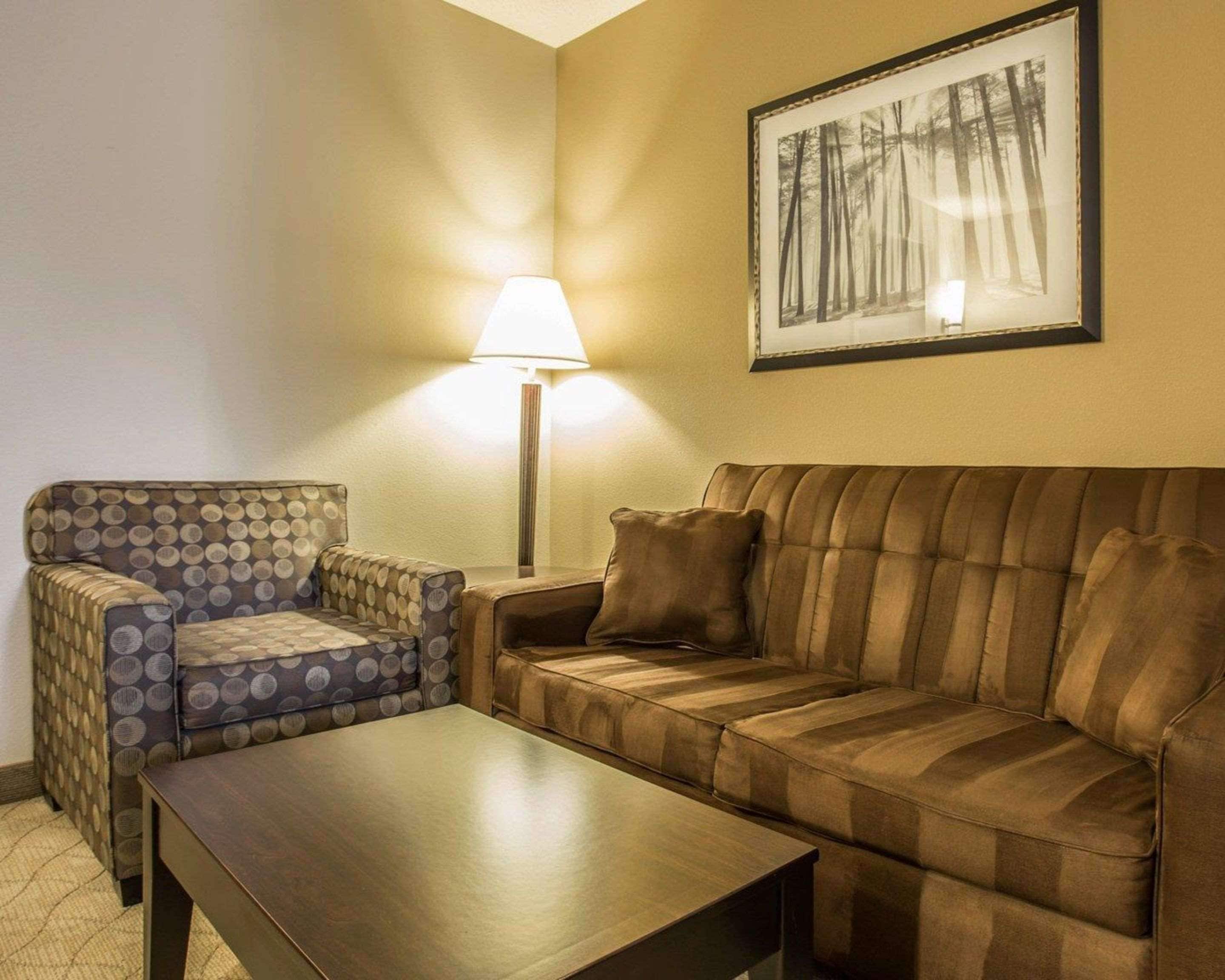 Una sala de estar con un sillón estampado, un sofá marrón y una mesa de centro.
