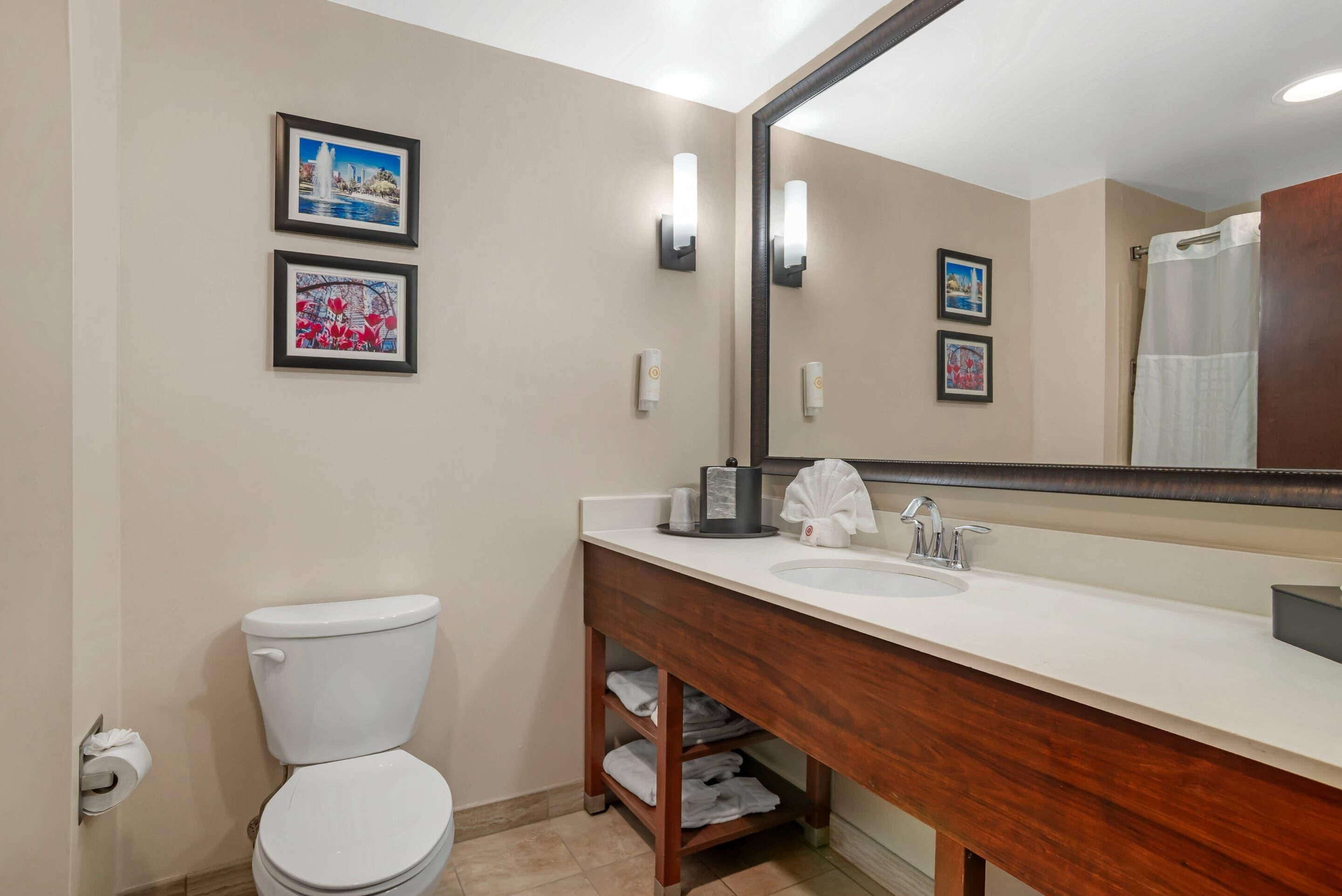 A bathroom with a toilet, sink, and mirror. There are framed pictures on the wall.