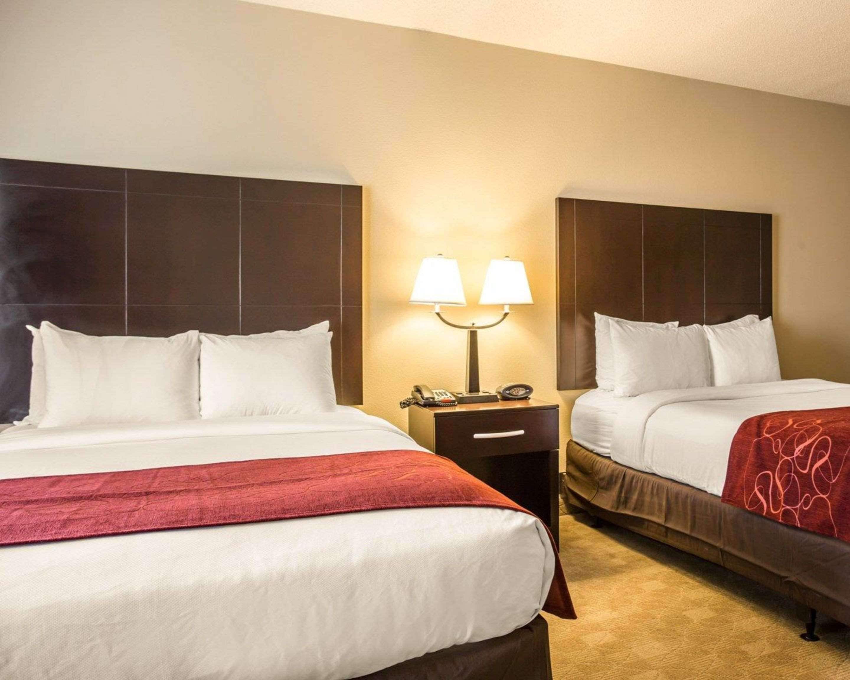 A hotel room with two beds, a nightstand with lamps, and a carpeted floor.