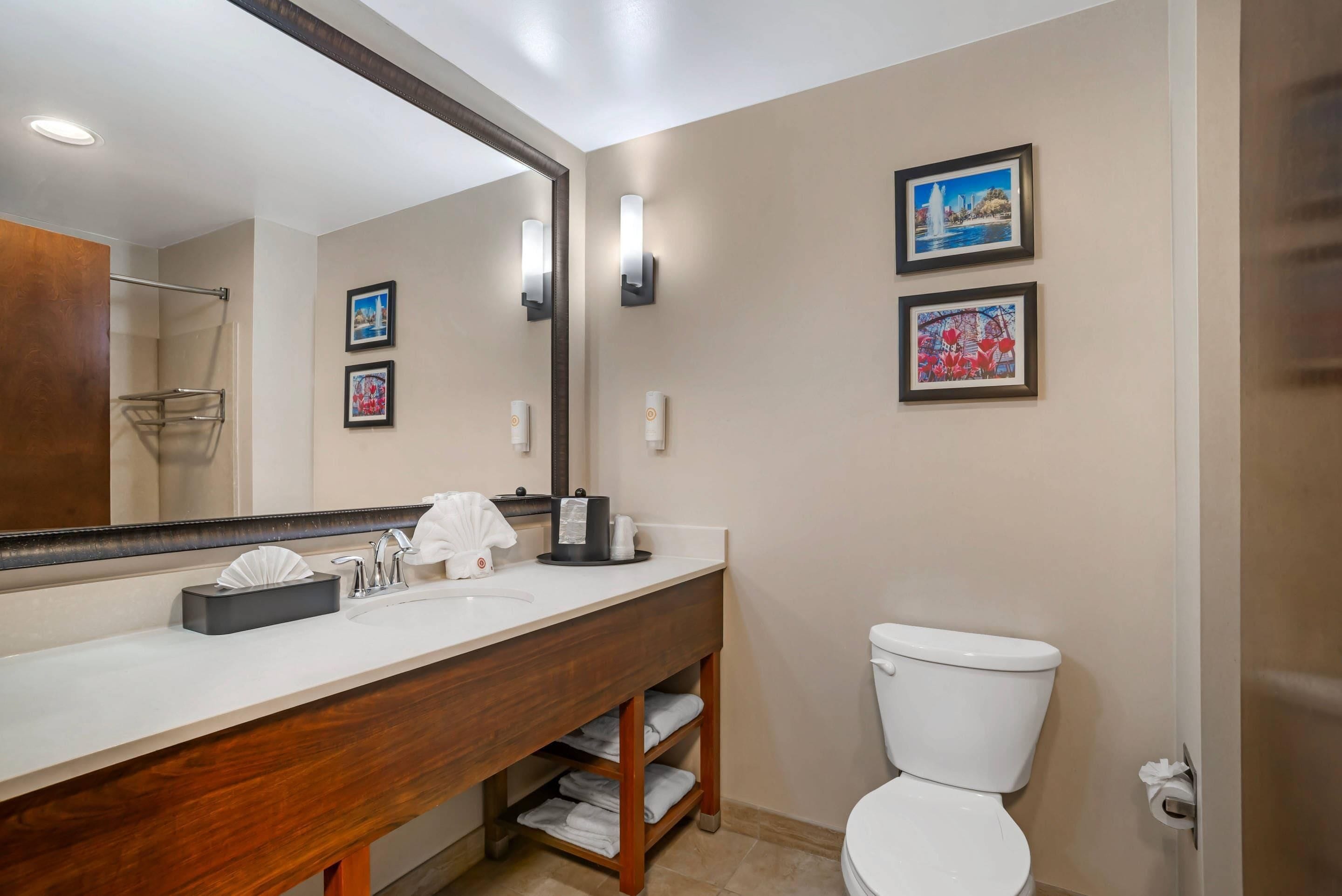 A hotel bathroom with a large mirror, a sink with a towel dispenser, a toilet, and framed pictures on the wall.
