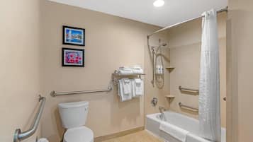 A bathroom with a toilet, a shower, and a bathtub. There are two framed pictures on the wall.