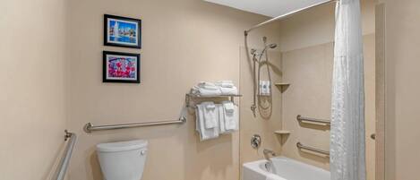 A bathroom with a toilet, a shower, and a bathtub. There are two framed pictures on the wall.