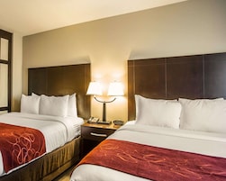 A hotel room with two beds, a nightstand with a lamp, and a telephone.
