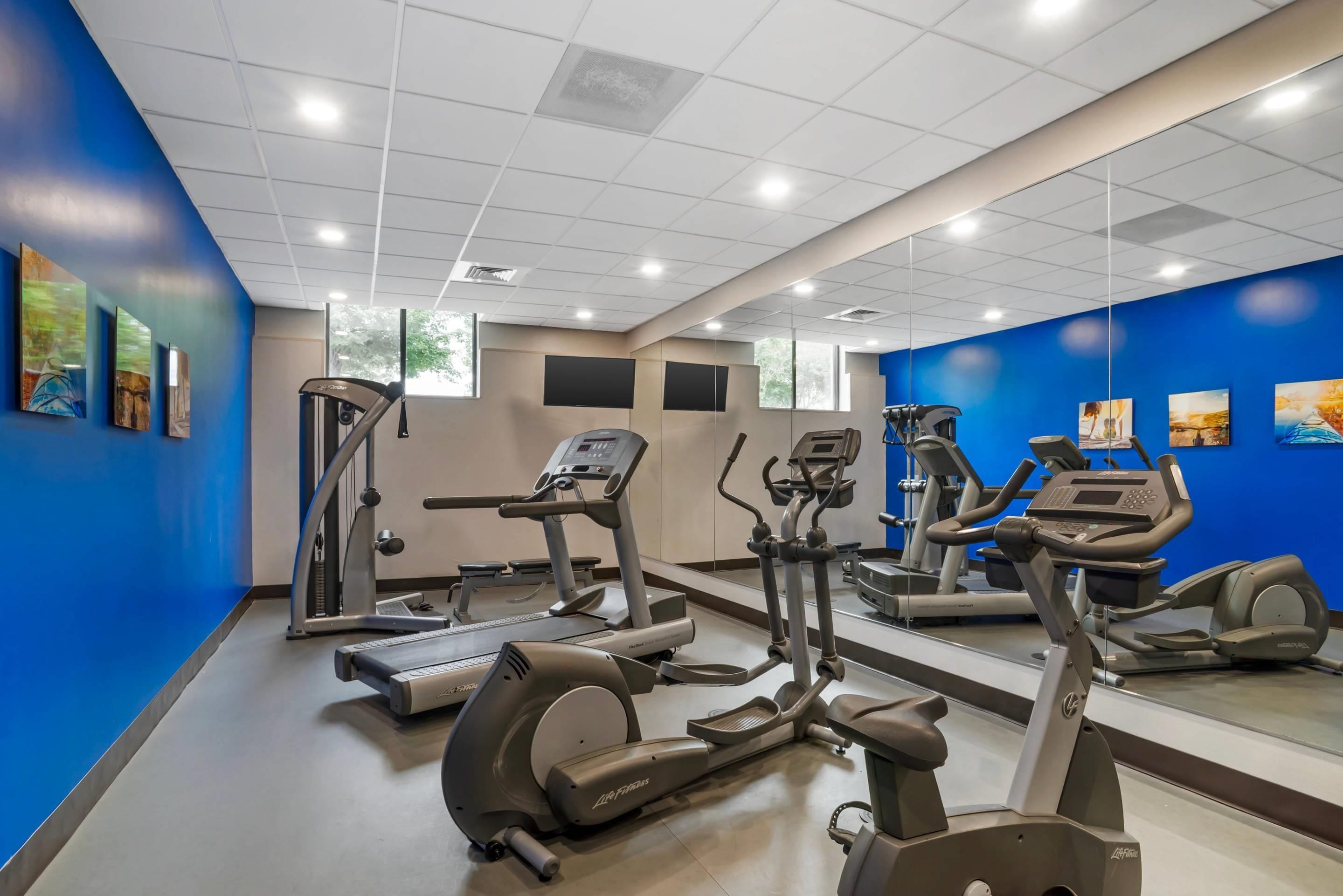 Ein Fitnessraum mit Cardiogeräten, Spiegeln und Kunstwerken an den Wänden.