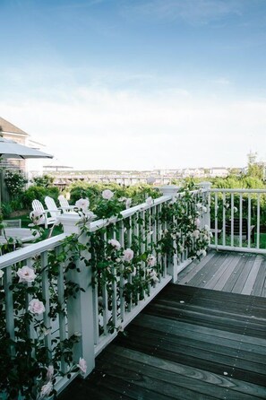 A wooden deck with white railings, white chairs, and pink roses.