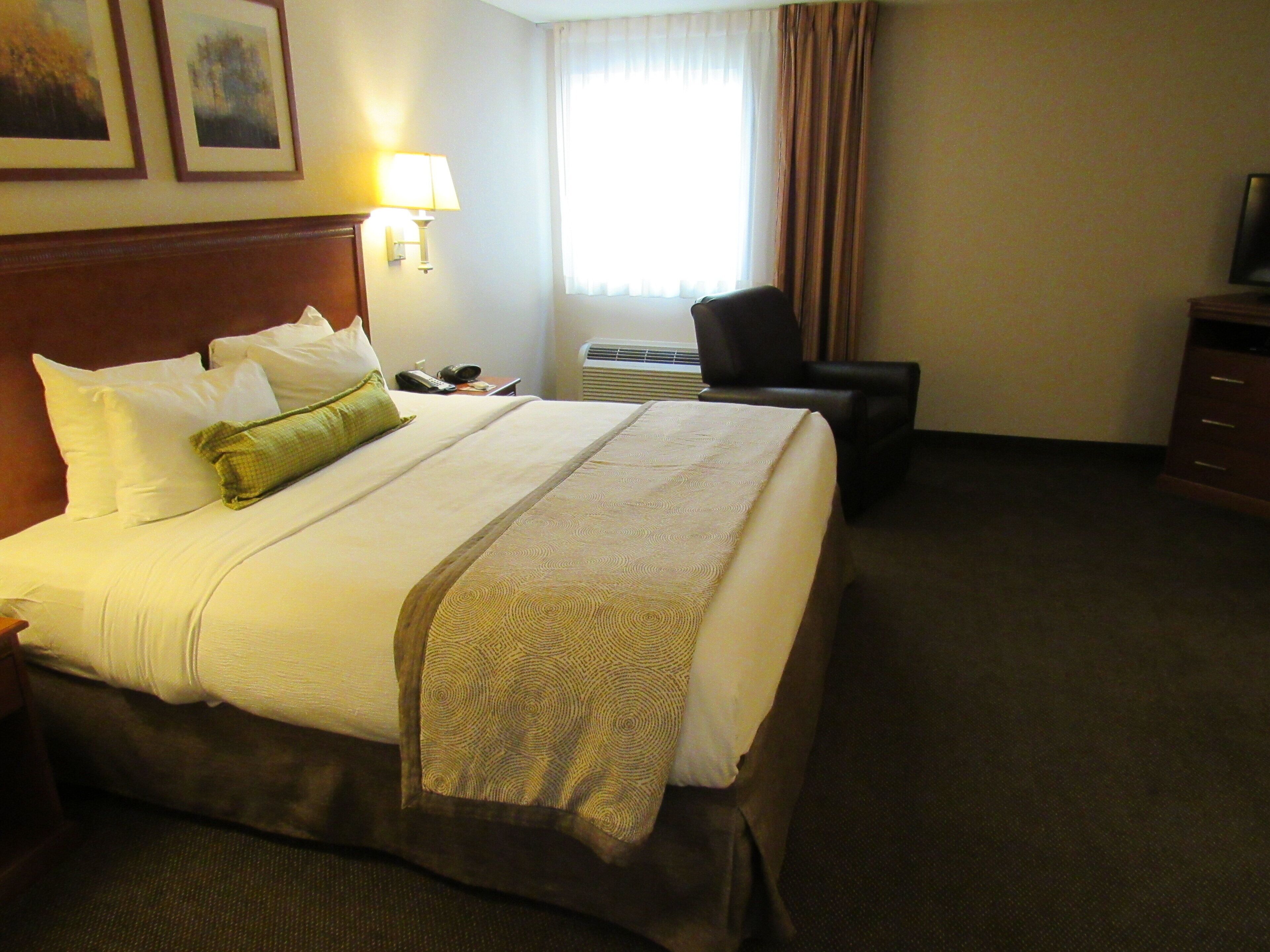 Quarto de hotel com uma cama grande, uma escrivaninha com luminária, uma cadeira e uma televisão.
