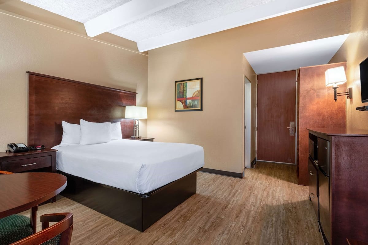 Habitación de hotel con cama, mesita de noche, lámpara, cuadro y escritorio con silla.