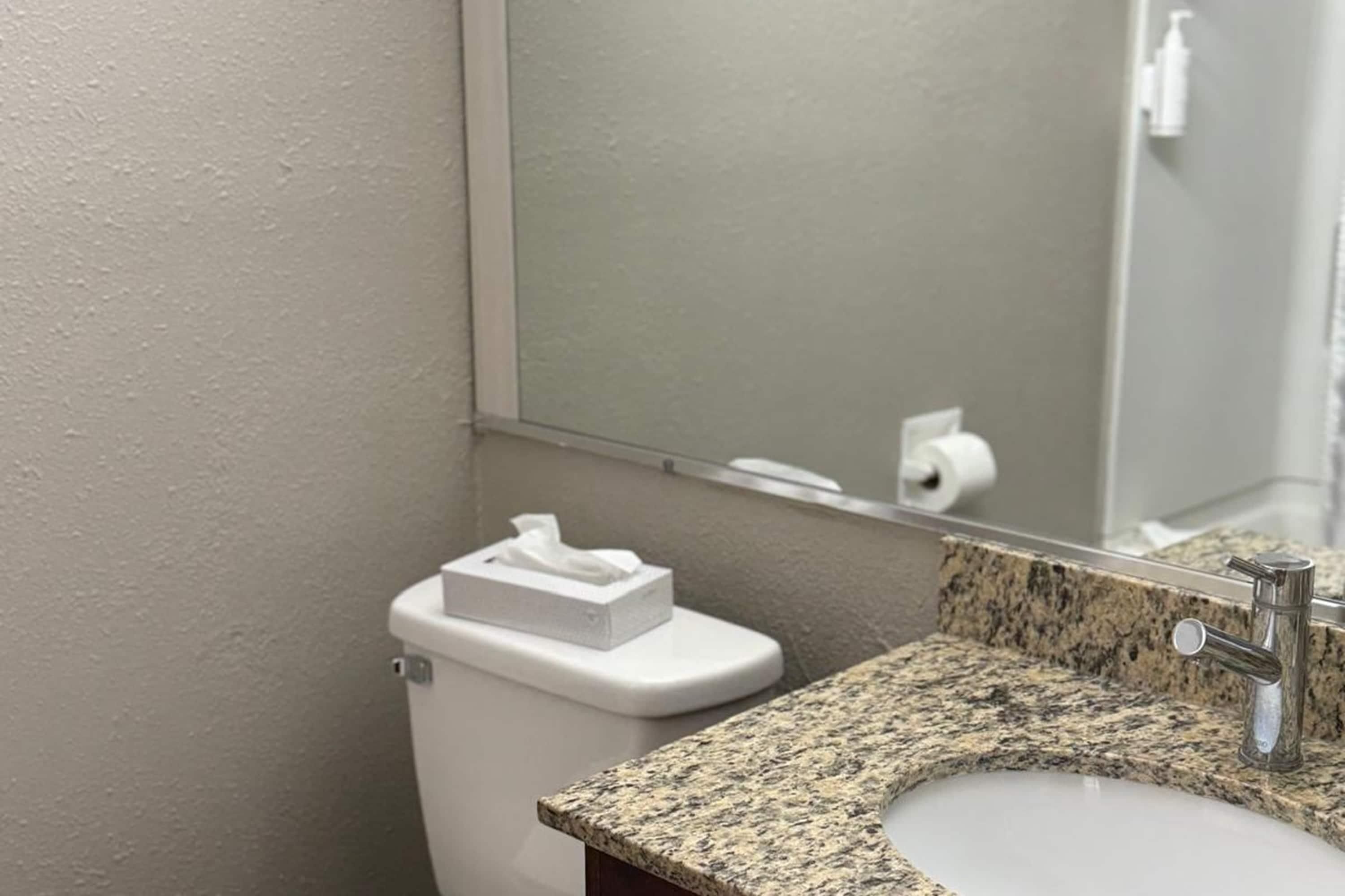 A bathroom with a granite countertop sink, a white toilet, and a mirror above the sink.