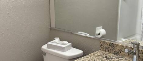 A bathroom with a granite countertop sink, a white toilet, and a mirror above the sink.