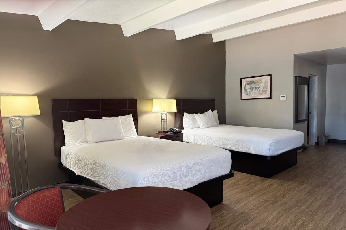 Habitación de hotel con dos camas, una mesita de noche con lámpara, una silla y una pequeña mesa.