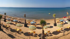 A beach with rows of sun loungers and umbrellas, a palm tree, and a clear view of the sea. - Triscinamare Hotel Residence (Castelvetrano)