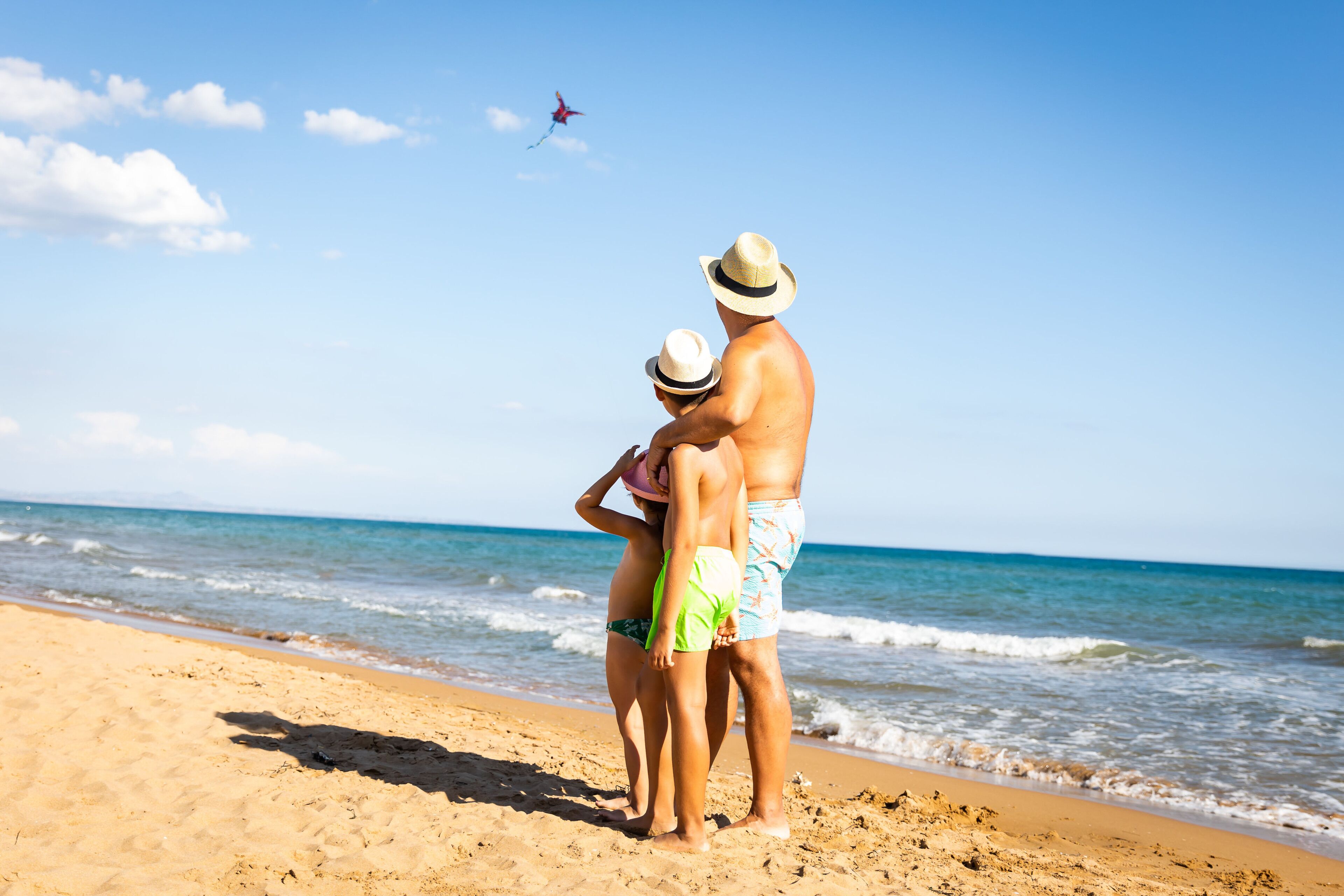 A beach scene with a couple and a child watching a kite.