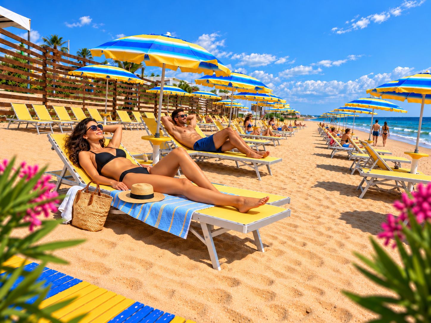 A beach with sun loungers and umbrellas, palm trees, and a clear sky.