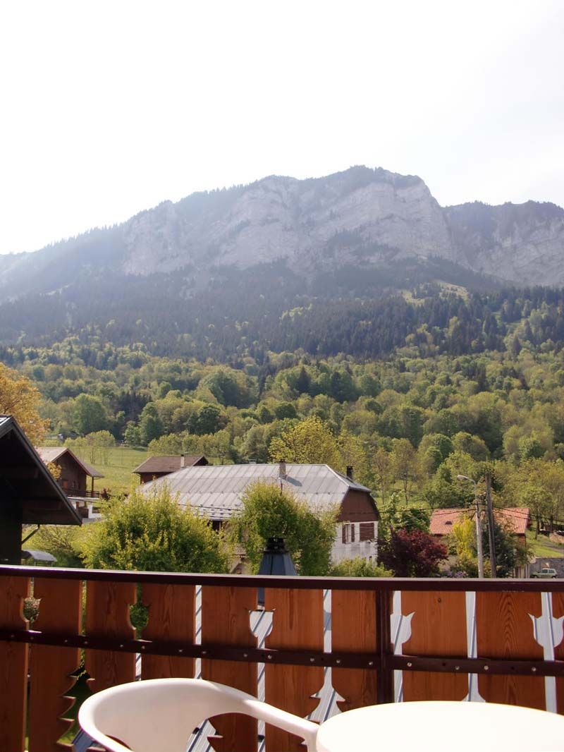 Un balcon avec vue sur une montagne et une vallée boisée.