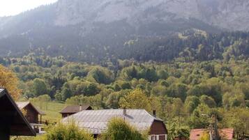 Un balcon avec vue sur une montagne et une vallée boisée.