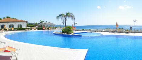 Outdoor pool, pool umbrellas, sun loungers