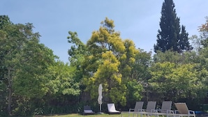 A swimming pool with tiled edges, surrounded by lounge chairs and a covered seating area. - La Sosta Restaurant & Guest House (Swellendam)