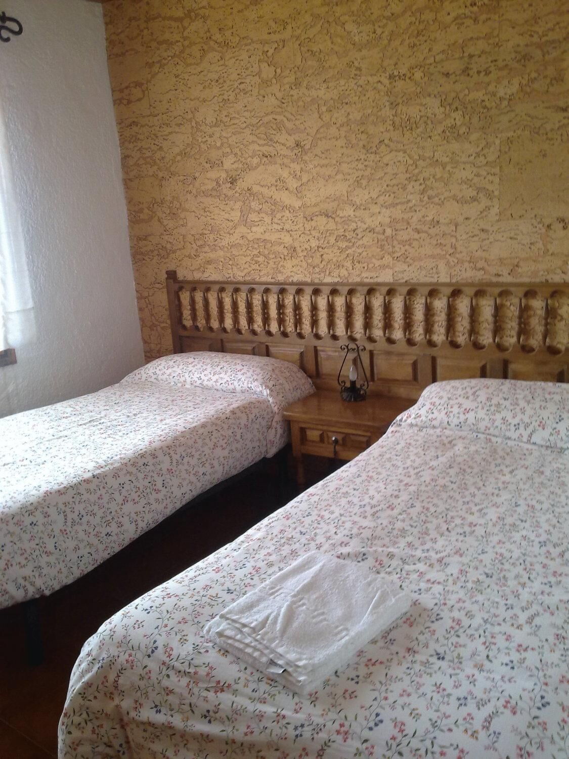 Una habitación con dos camas individuales, un cabecero de madera, una mesita de noche pequeña y una pared con textura.