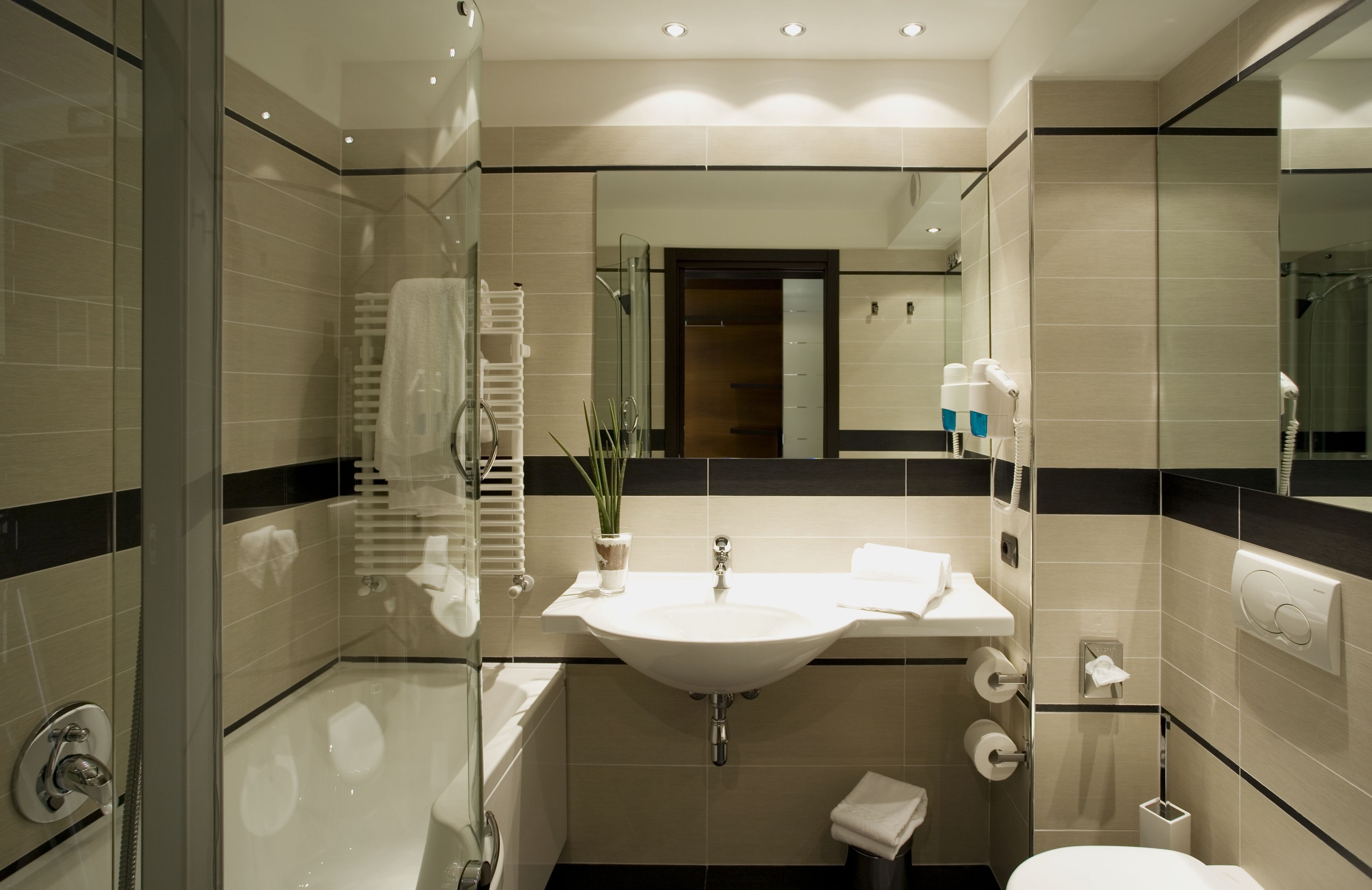 combined shower/bathtub, free toiletries, hair dryer, towels