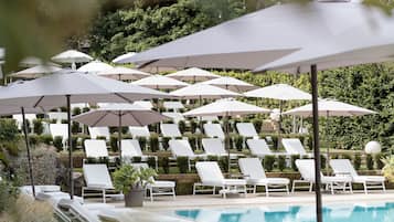 Seasonal outdoor pool, pool umbrellas, pool loungers