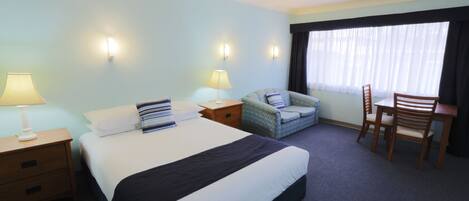 Pillow-top beds, desk, laptop workspace, blackout curtains