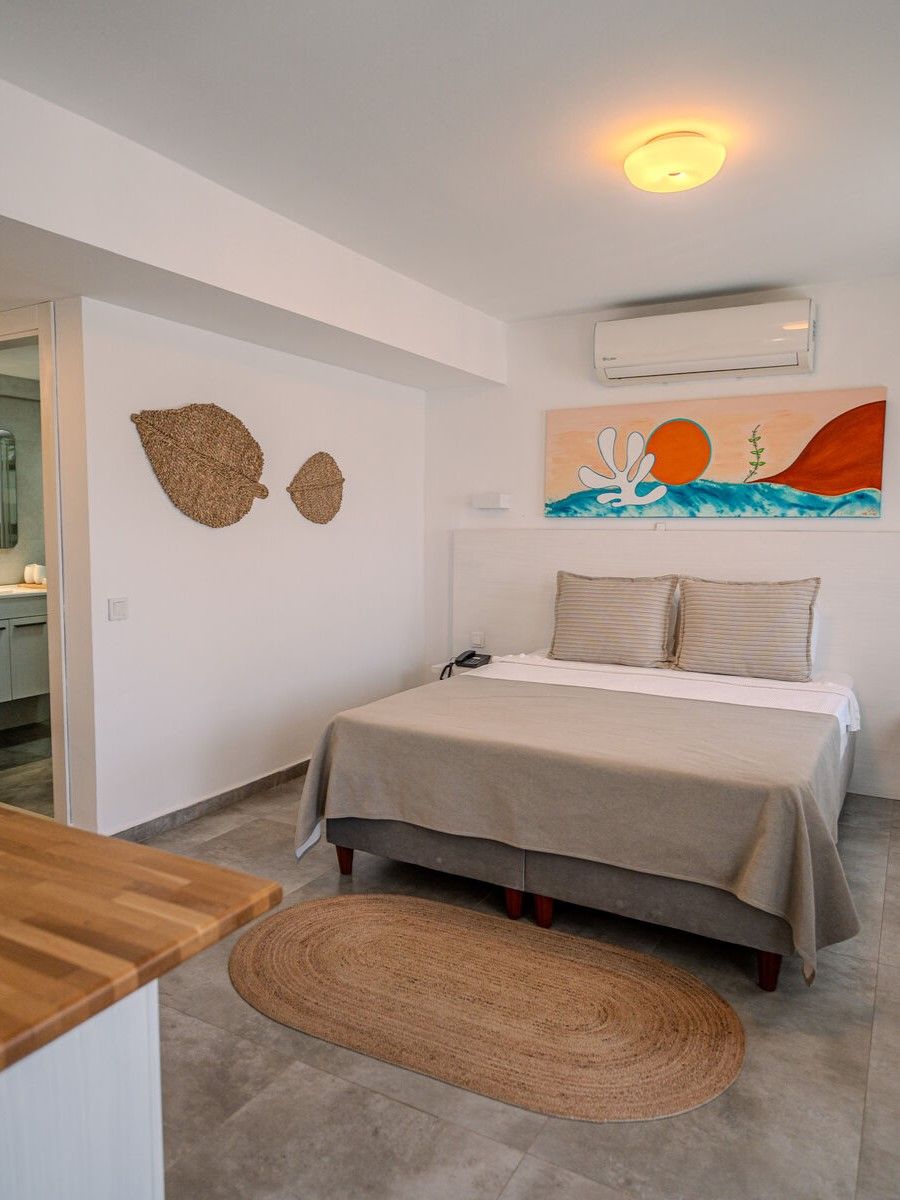 Une chambre à coucher avec un lit, un climatiseur fixé au mur et un tableau.