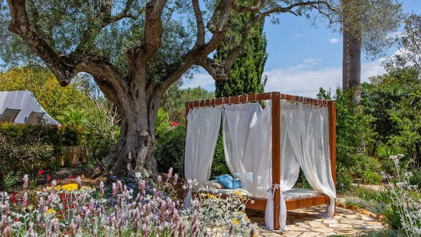 A garden with a wooden canopy bed surrounded by various plants and flowers. - Quinta Bonita Luxury Boutique Hotel (Lagos)