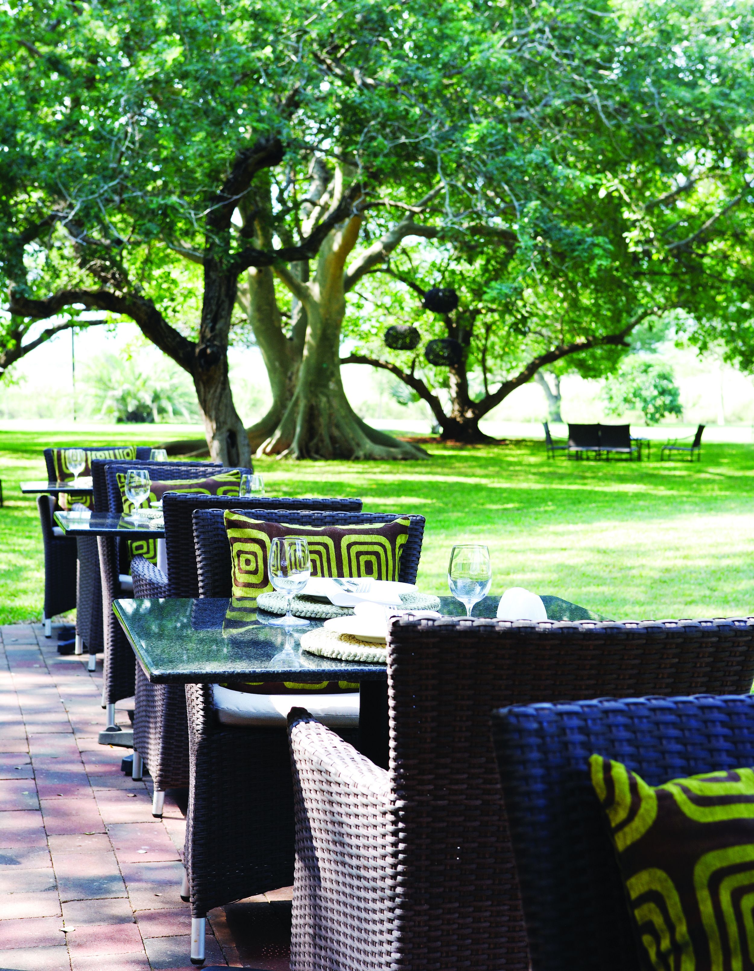 An outdoor dining area with wicker furniture and glass tables, surrounded by lush greenery and trees.