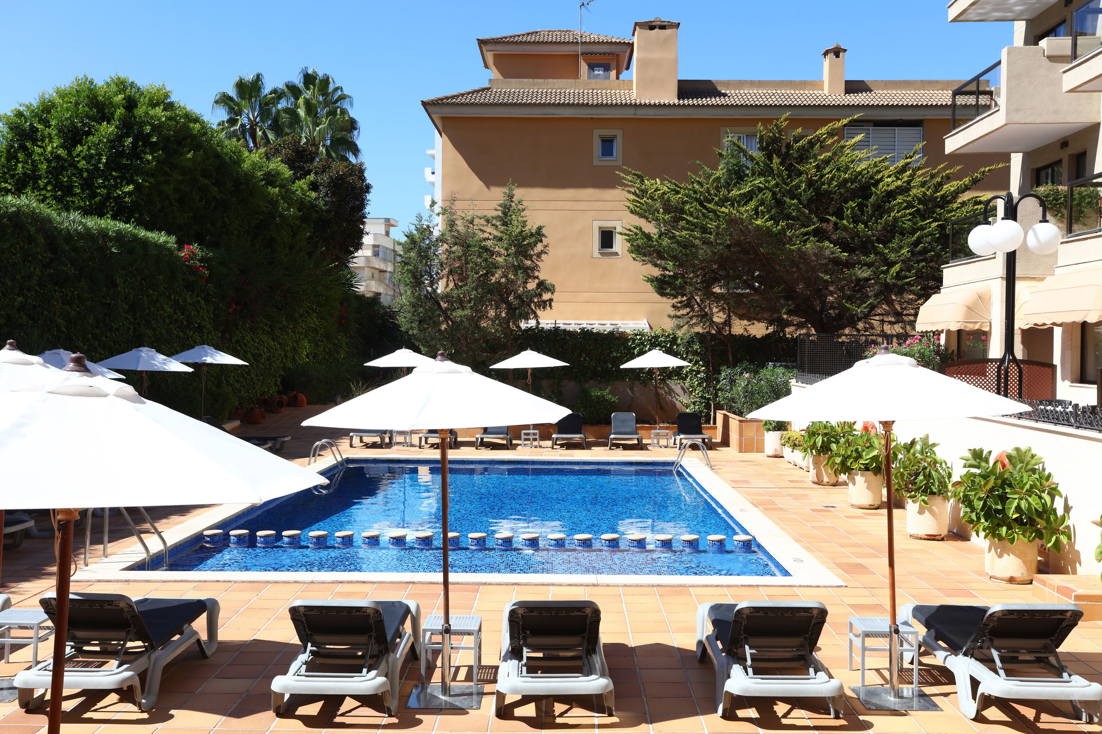 A swimming pool with lounge chairs and umbrellas, surrounded by greenery and a building in the background.