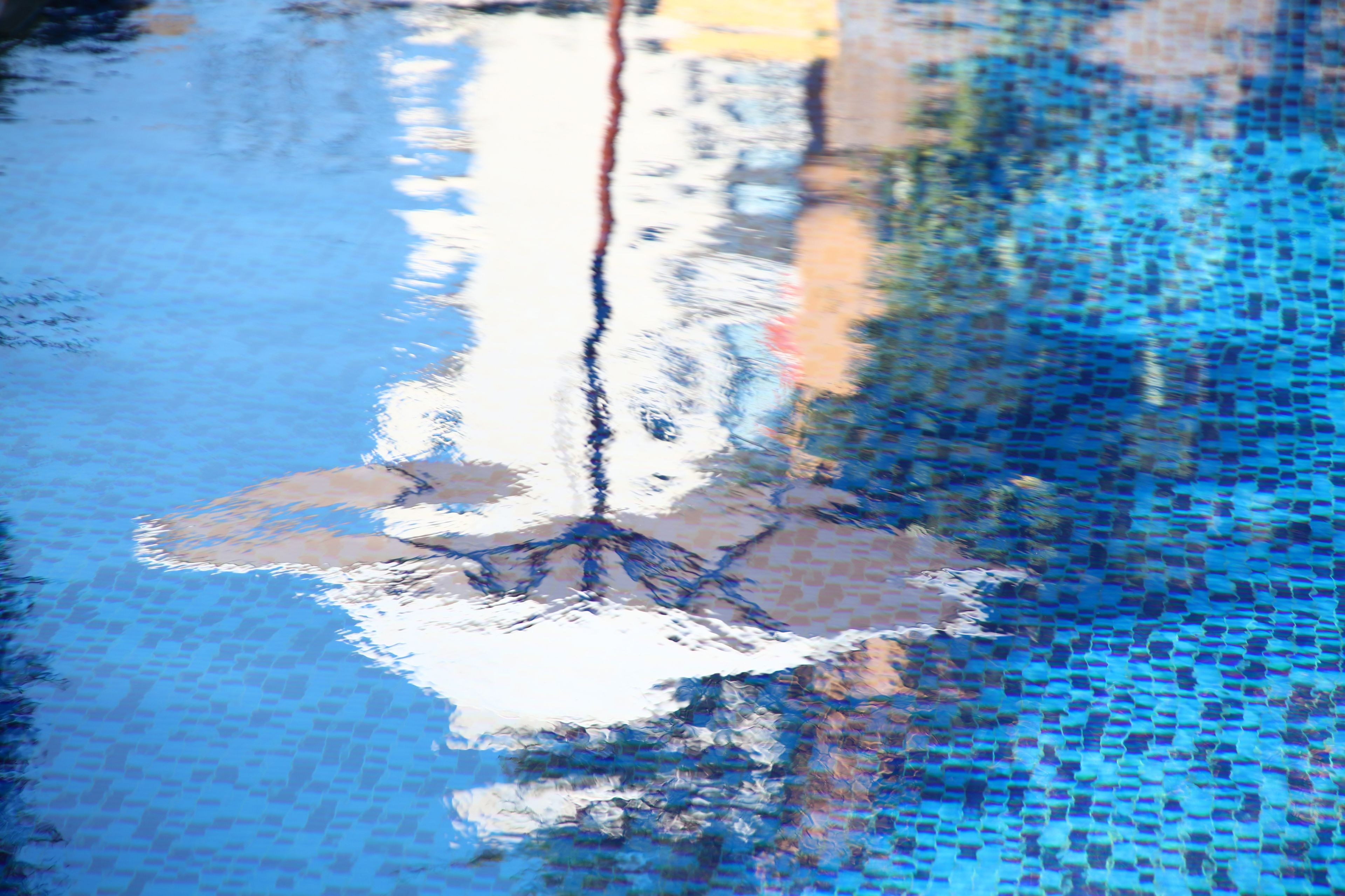A close-up of a tiled floor with a reflection of a tree and a red line.
