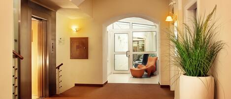 A hallway with an elevator, a large potted plant, and a seating area with a view of the outdoors.