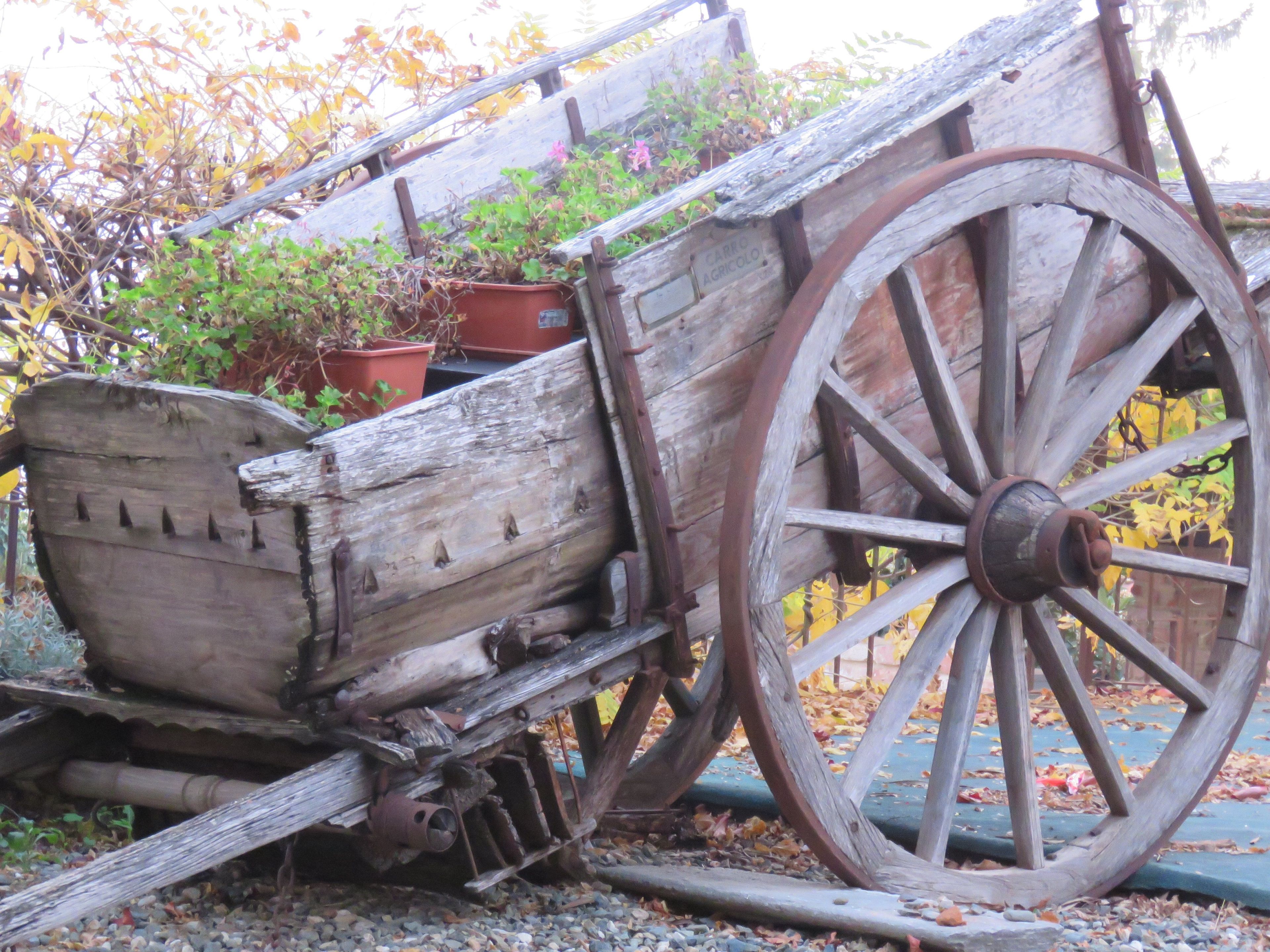 Un carro antiguo de madera con una rueda grande, un banco de madera y una jardinera con plantas.
