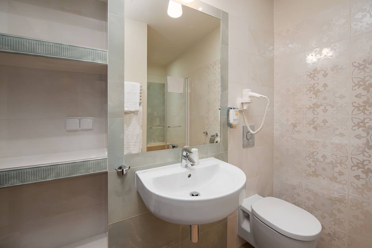 deluxe double room, 1 double bed | bathroom | free toiletries, hair dryer, towels