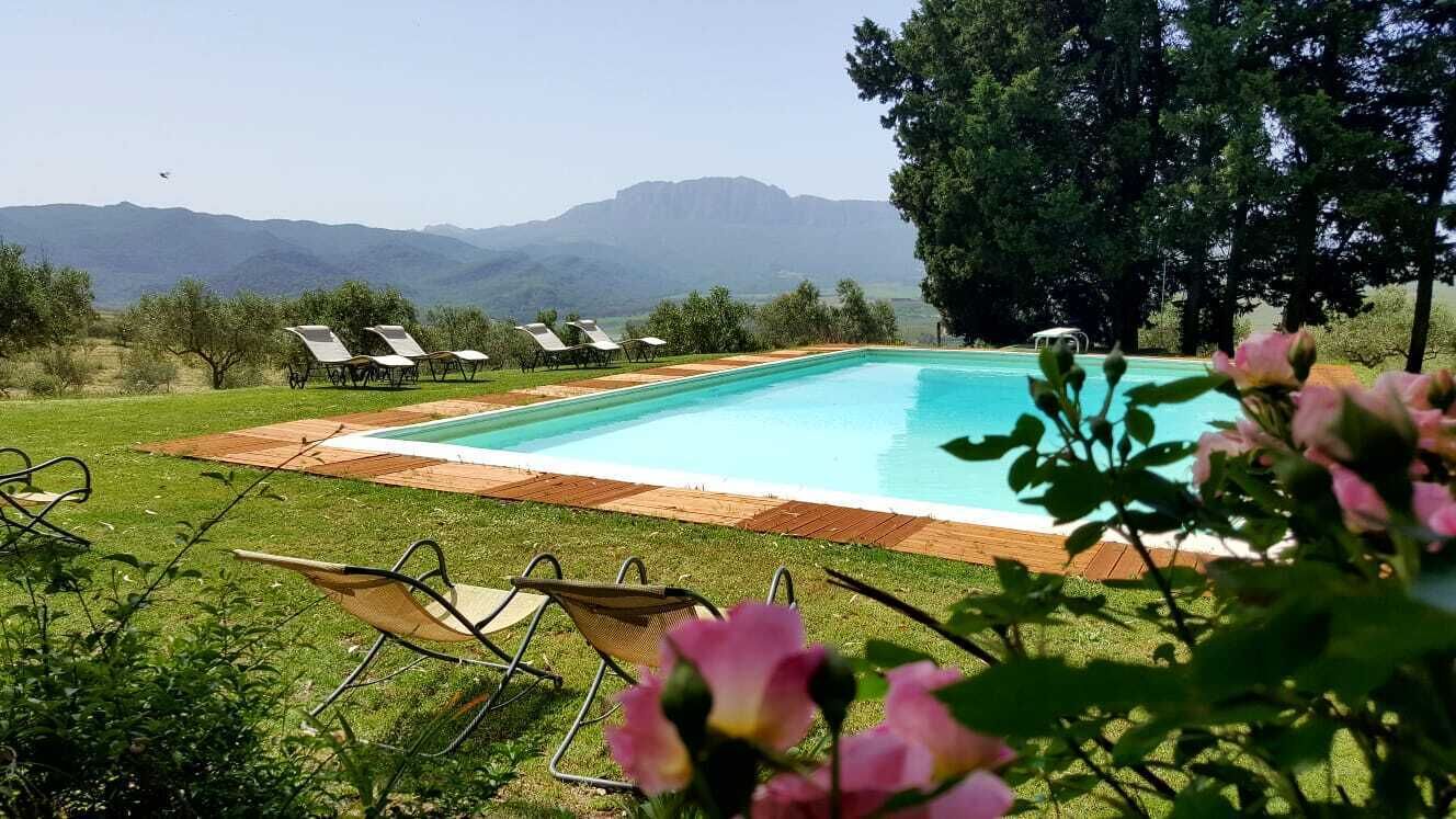 Piscine extérieure, chaises longues