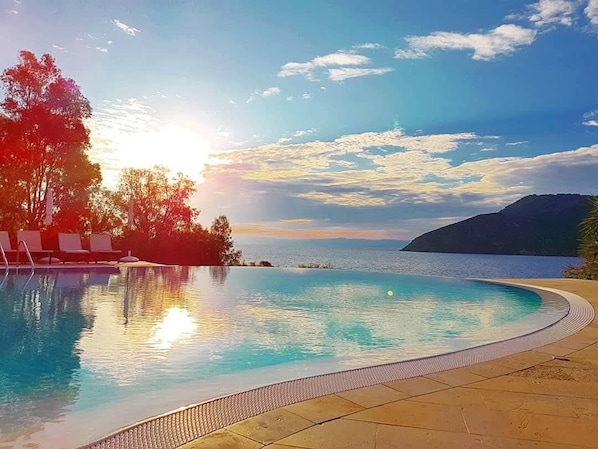 Outdoor pool, pool umbrellas, pool loungers